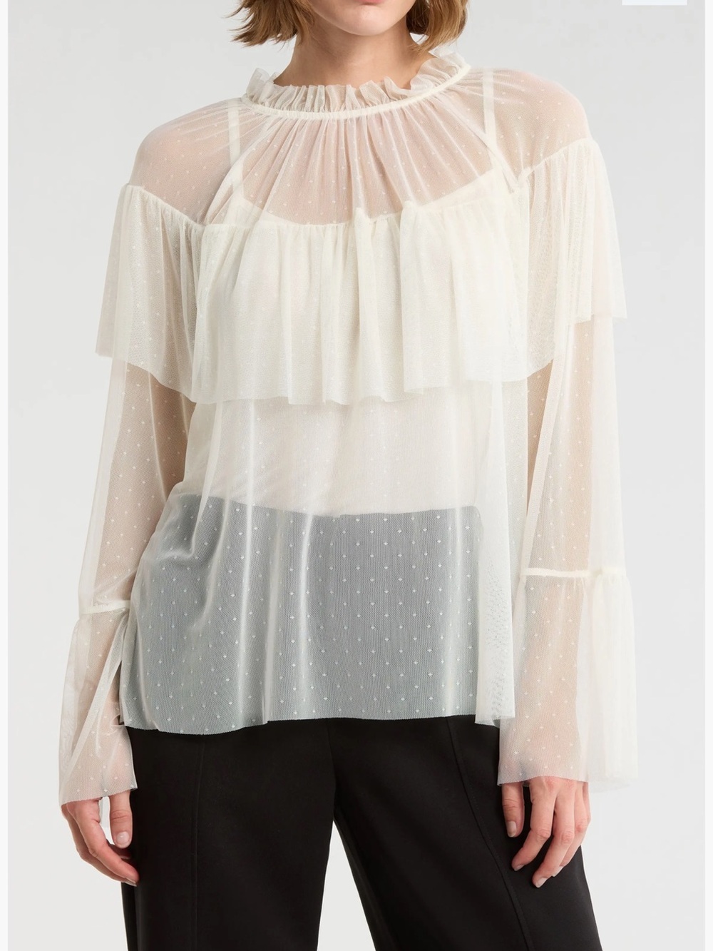 Sanctuary The Ethereal Top Medium Chalk White Swiss Dot Mesh Blouse Ruffle Top